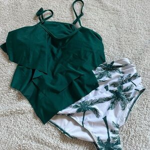 Green Layered Swimsuit with Palm Print